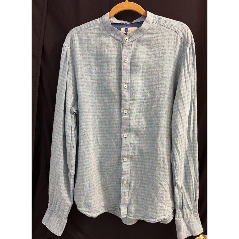 Boden Linen Woven Regular Fit Men's L Blue Green White Check Band Collar Shirt